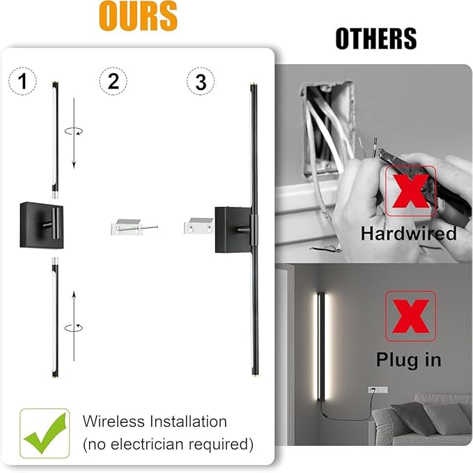 SAIMAND Wall Sconces Set of 2 Battery Operated, Wireless USB 8000mAh Rechargeable Wall Lights with Remote Control,3000K-6000K LED Dimmable Decor Lamp for Living Room,Bedroom,Hallway (27in Black)
