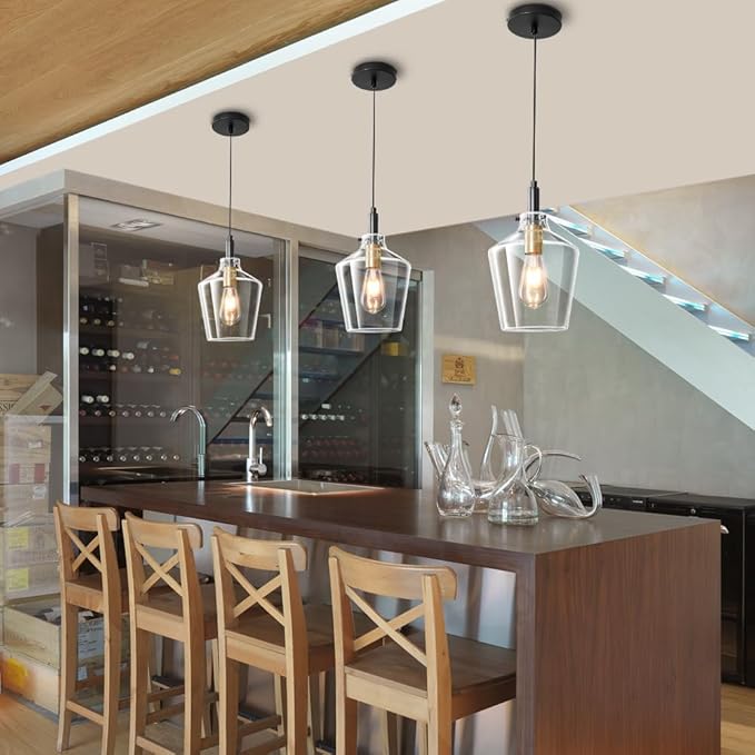 Modern Glass Pendant Lighting for Kitchen Island, Farmhouse Black and Gold Pendant Light Fixtures 1 Pack, Adjustable Hanging Ceiling Light Angled Clear Glass Shades 8 Inch