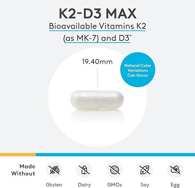 XYMOGEN K2-D3 Max - Vitamin D3 K2 with 180mcg VIT K Per Capsule - Bioavailable Vitamin D 5000 IU (Cholecalciferol) with K2 MK-7 - Bone Health + Immune Support Supplement (60 Capsules)