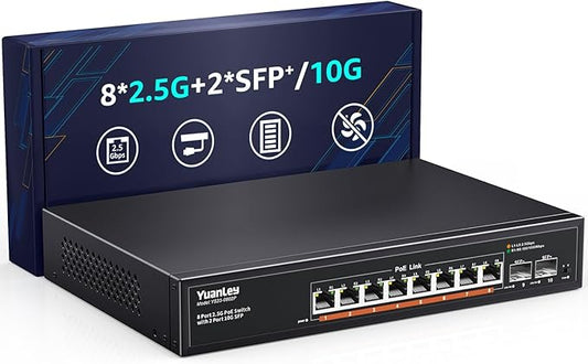 YuanLey 10 Port 2.5G PoE Switch Unmanaged, 8 x 2.5G Base-T PoE Ports, 2 x 10G SFP, IEEE802.3af/at, 120W, Compatible with 100/1000/2500Mbps, Metal Fanless, VLAN, Rack Mount 2.5Gbe Network Switch