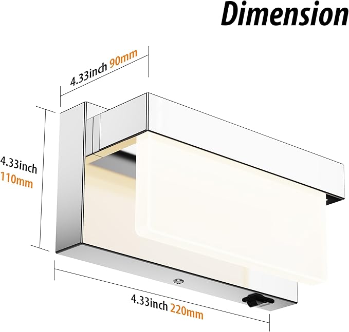 Switched LED Wall Sconce Set of 2, Indoor 8 inch 12 Watt 4000K Wired Chrome Wall Mounted Sconce Light with On/Off Switch, Frosted Arcylic Shade Sconces for Bedroom Living Room Bathroom Kitchen Hallway