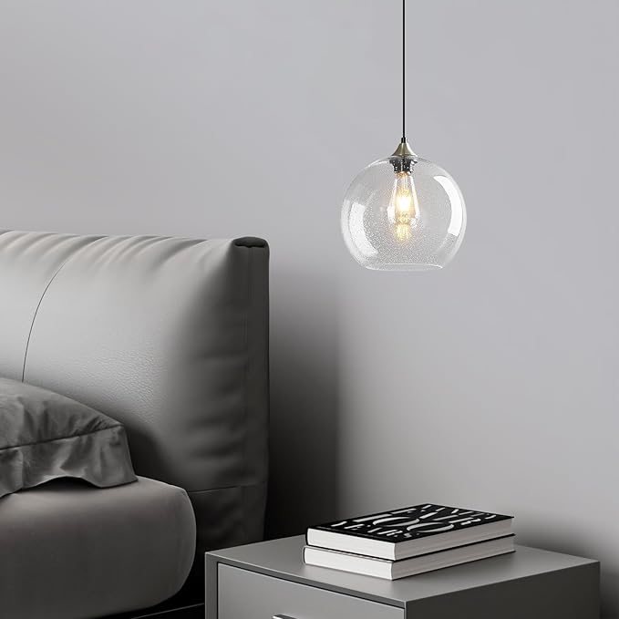 Mikeru Glass Globe Pendant Light Single, 9.85 Inch Clear Bubble Glass Hanging Lamp, Mid Century Modern Pendant Lighting for Kitchen Island Dining Room Bedroom (Bulb Not Included)