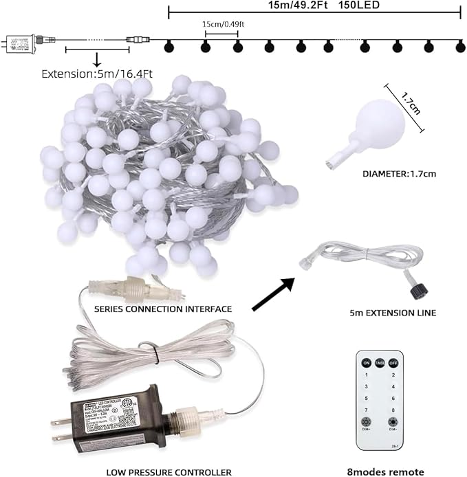 RaThun 65.6ft Warm White Globe String Lights, 150 LED with 16ft Extended Lead Wire & Remote, 8 Modes, IP44 Waterproof Plug in Linkable Lights for Outdoor Indoor Party Wedding