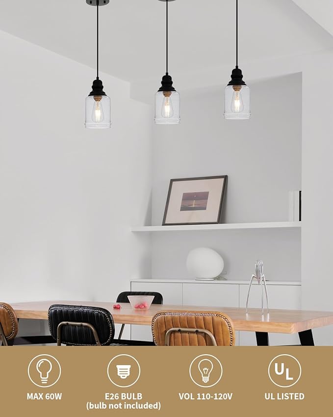 WILON Modern Glass Pendant Lights for Kitchen Island, 6.29" Mini Pandent Light Fixture with Seeded Glass Shade Black Farmhouse Pendant Lights E26 Base Hanging Kitchen Lights for Sink Dining Room