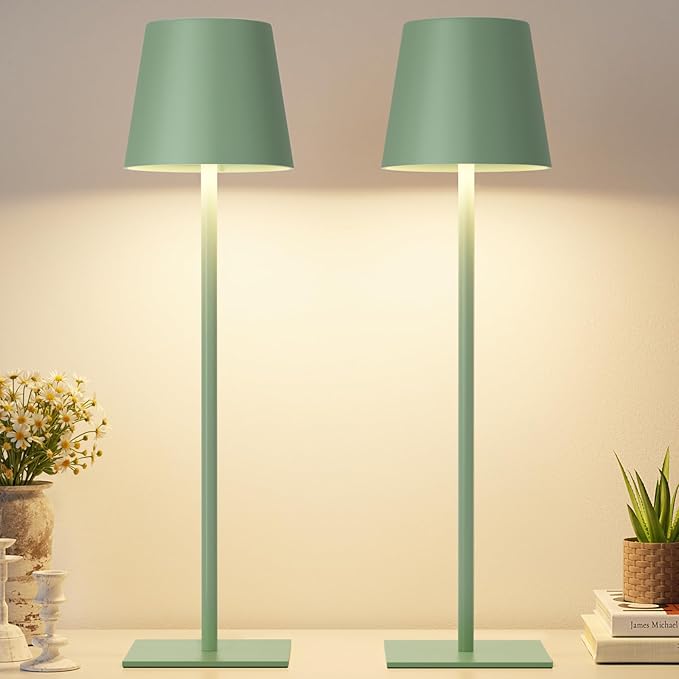 Kakanuo Green Cordless Rechargeable Table Lamp, 2 Pack Portable Desk Lamp with 5000mAh Battery, Touch Control Stepless Dimming, Wireless Night Light for Dining, Outdoor Camping
