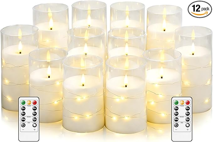kakoya Flameless LED Candles with Timer 12 Pc Flickering Flameless Candles for Romantic Ambiance and Home Decoration Stable Acrylic Shell,with Embedded Star String，Battery Operated Candles(White)