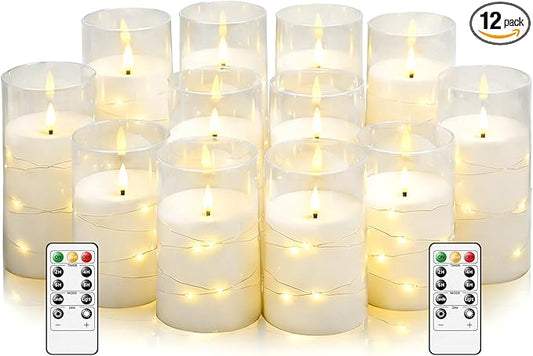 kakoya Flameless LED Candles with Timer 12 Pc Flickering Flameless Candles for Romantic Ambiance and Home Decoration Stable Acrylic Shell,with Embedded Star String，Battery Operated Candles(White)