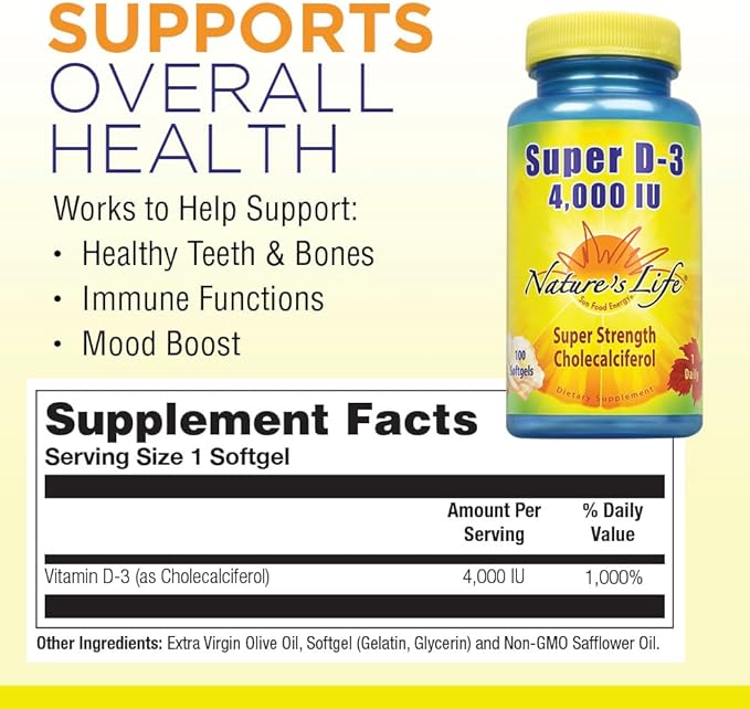Nature's Life Super D-3 4000 UI | Supplément de vitamine D à haute puissance | Peut soutenir la santé des os, des dents et du système immunitaire | 100 gélules molles