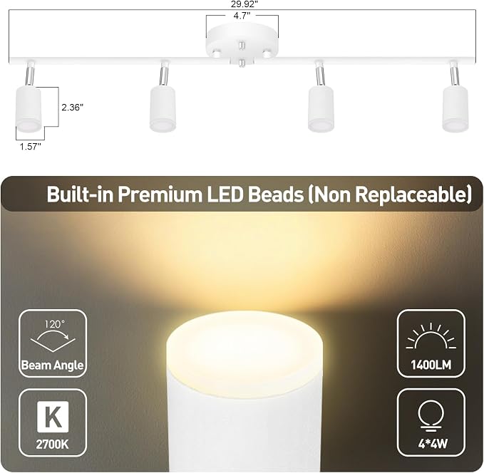 AUQUEE 4 Light Track Lighting Fixtures Ceiling, 16W/2700K White Track Lighting with Acrylic Lampshade & Rotatable Light Heads, 20000hrs Lifespan, Modern LED Track Lights Ceiling for Kitchen/Hallyway