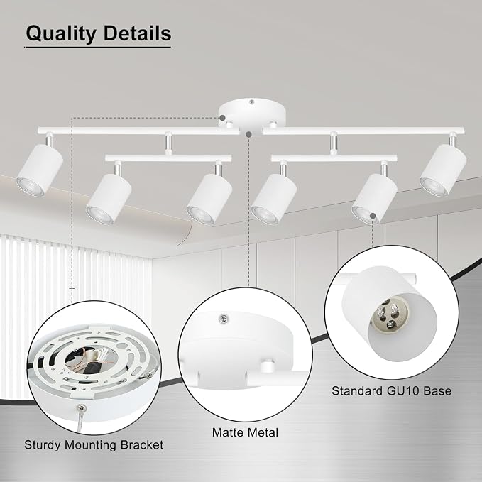 AUQUEE 6 Light Track Lighting Fixtures Ceiling, Matte White Kichen Track Lighting Fixtures with Rotatable Light Heads, Upgrade Light Poles, Modern LED Spot Lights for Kitchen/Hallway, No GU10 Bulb