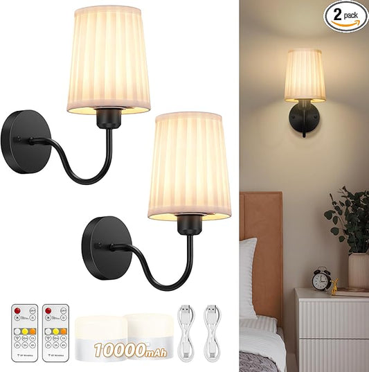 Battery Operated Wall Sconce Set of 2, Rechargeable Wall Sconces with 10000mAh Dimming Magnetic Bulb, Wireless Battery Powered Wall Lights with Pleated for Bedroom Living Room Gallery Hallway,Black