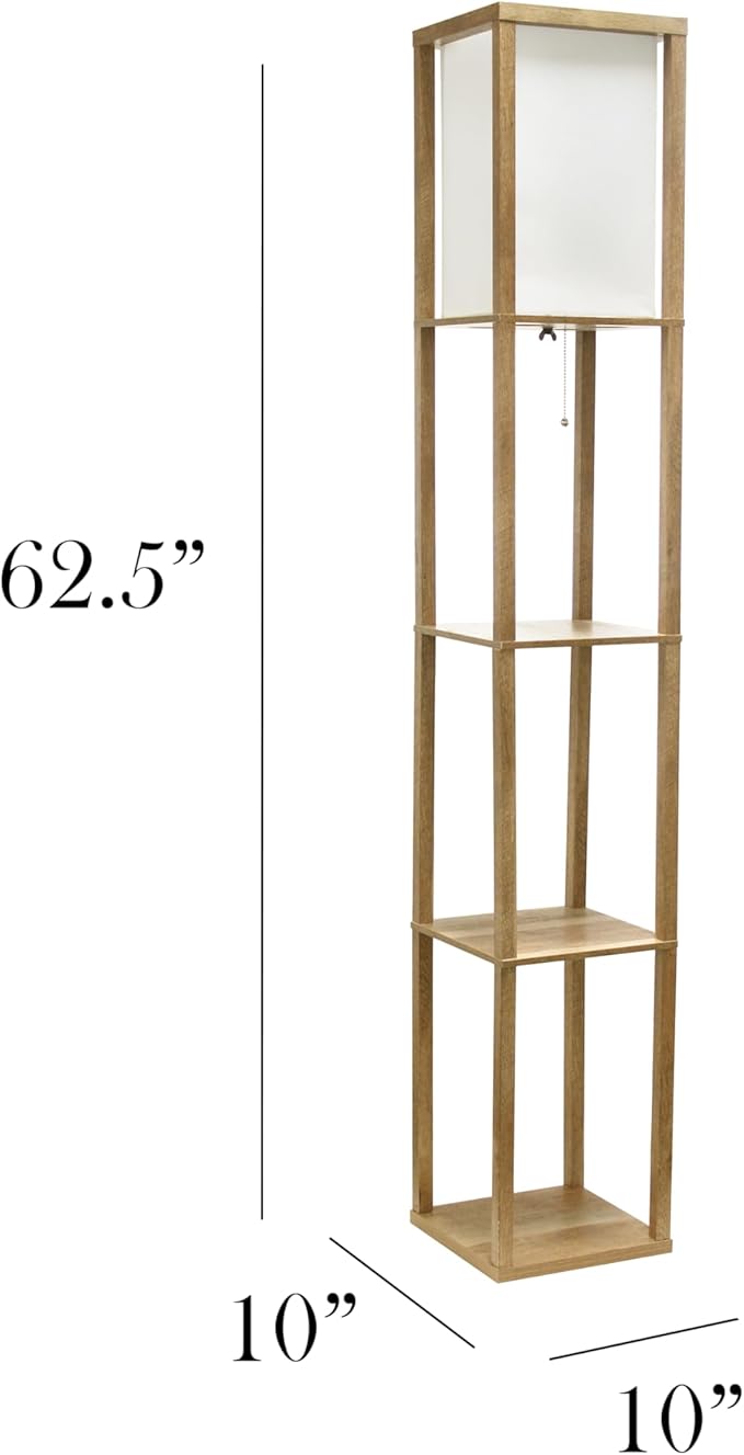 Simple Designs LF1038-WOD 62.5" Modern 3 Tier Standing Floor Lamp Etagere Organizer Storage Shelf with Linen Shade for Home Décor, Living Room, Bedroom, Office, Light Burnt Oak