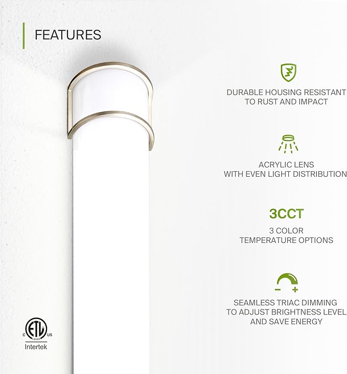 ASD LED 30" Vanity Flush Mount Light Fixture, Linear Bathroom Lighting Bar | 3CCT, Dimmable, Energy Star, ETL Listed | 28W 2425LM 3000-5000K 120V | Long Bath Wall Sconce Over Mirror | Nickel
