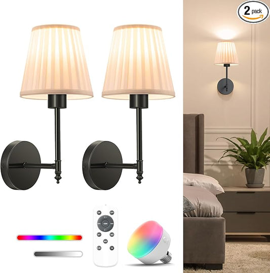 NIORSUN 14.5 inch Battery Operated Wall Sconce Set of 2,Beige-Black Rechargeable Wall Lights with 10400mAh Dimmable Bulbs and Remote, 9 Colors Wireless Wall Lamps for Bedroom Living Room