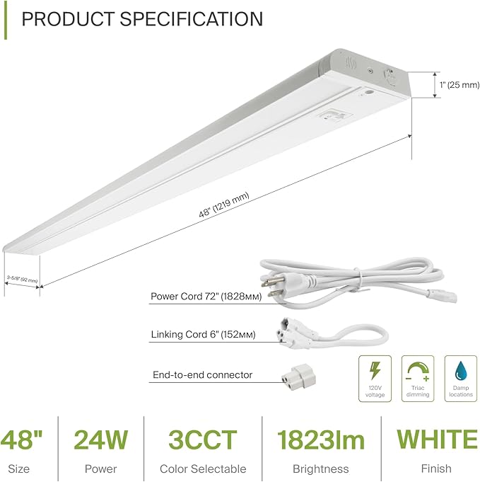 ASD Swivel LED Under Cabinet Lighting Plug in or Hardwired 48 Inch, Dimmable Under Cabinet Lights with High/Low/Off Switch, 3CCT 2700K-4000K, Linkable Under Counter Lights for Kitchen, White, ETL