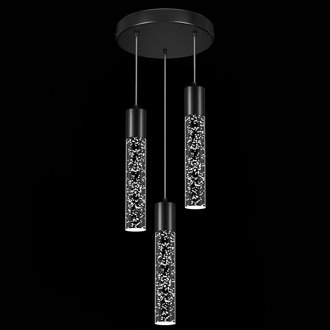 Pendant Lights Kitchen Island, 6500K Modern Kitchen Island Lights Brushed Black, Ceiling Lighting Fixtures with Crystal Bubble, Integrated LED Hanging Light for Dining Room 1 Pack(3-Light)