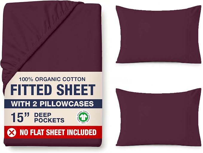 LANE LINEN Queen Fitted Sheet & Pillowcases Set (No Flat Sheet) - 100% Organic Cotton Soft & Breathable Percale Weave Fitted Sheet Set - GOTS Certified - 15'' Deep Pocket - Windsor Wine