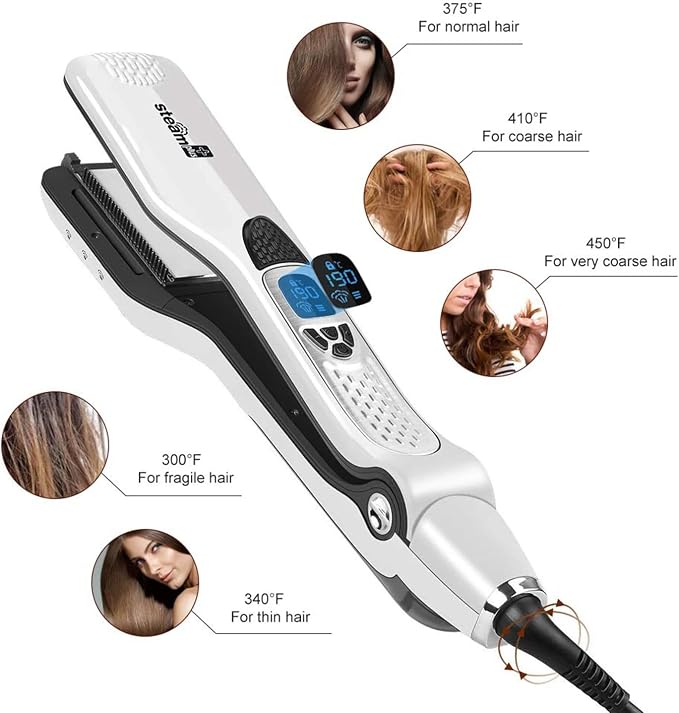 Professional Steam Hair Straightener Brush Ceramic Flat Iron, Electric Hair Crimper Heating Comb Straightening Iron, Fast Steamer Hair Styling Appliances For All Hair Types (White)
