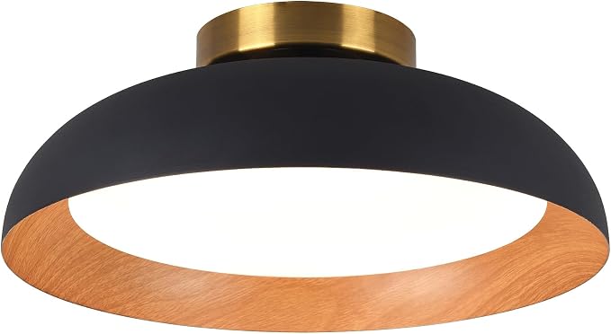 Bargeni Flush Mount Ceiling Light, Mid Century Black Wood Ceiling Light | 12.5" selectable 2700K-6000K, smooth dimming, matte black finish with wood accent, ideal for hallway, bedroom and kitchen