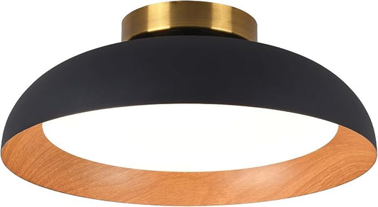 Bargeni Flush Mount Ceiling Light, Mid Century Black Wood Ceiling Light | 12.5" selectable 2700K-6000K, smooth dimming, matte black finish with wood accent, ideal for hallway, bedroom and kitchen