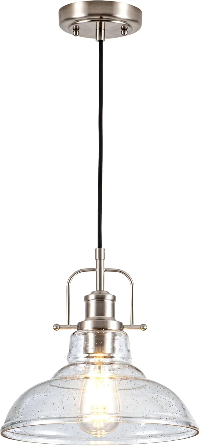Zlepmlla Modern Glass Pendant Light，Farmhouse Industrial Light Fixture with Adjustable Cord, Seeded Glass Shade, Hanging Lights for Kitchen Island,Hallway, Dinning Room