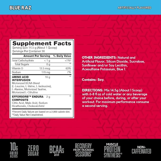 BSN Amino X Muscle Recovery & Endurance Powder with BCAAs, 10 Grams of Amino Acids, Keto Friendly, Caffeine-Free, Support Endurance, Zero Sugar, Blue Raz, 30 servings, 15.34 Ounce (Packaging May Vary)