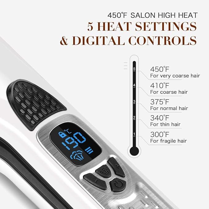 Professional Steam Hair Straightener Brush Ceramic Flat Iron, Electric Hair Crimper Heating Comb Straightening Iron, Fast Steamer Hair Styling Appliances For All Hair Types (White)