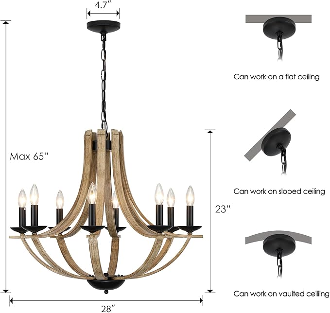 LAMPKEDUO Farmhouse Chandeliers for Dining Room Light Fixture, 8-Light 28" Adjustable Height Retro Faux Wood Texture Rustic Light Fixtures for Living Room Bedroom Kitchen Island Foyer Entryway