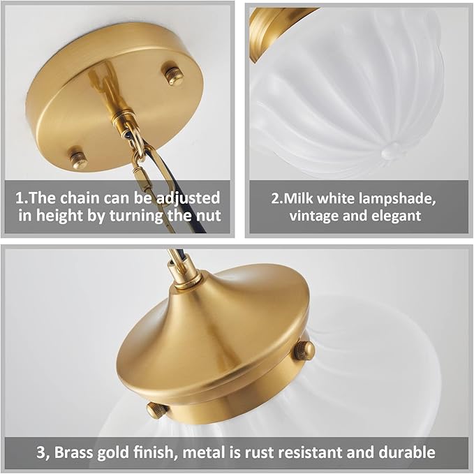 youngrender Schoolhouse Pendant Fixtures, 9" Brass Gold Milk Glass Pendant Light, Adjustable Mid Century Ceiling Pendant Lighting for Bedroom Kitchen Living Room Hallway Dining Room