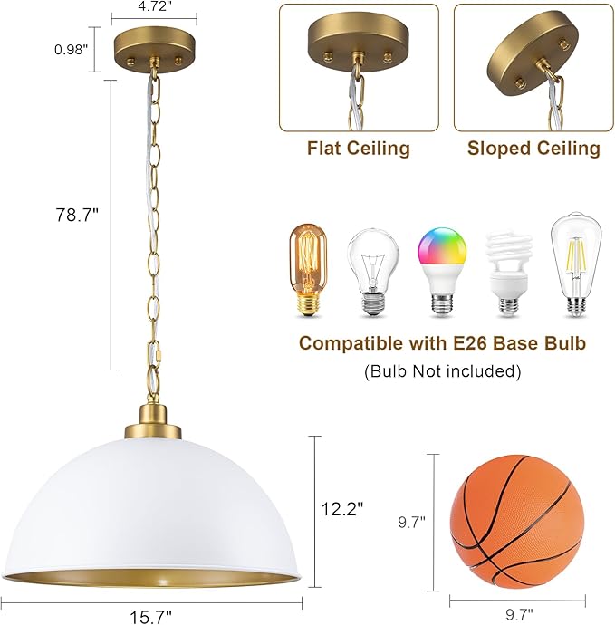Lingkai Farmhouse Pendant Light Fixtures, 15.7" White and Gold Dome Pendant Lighting Kitchen Island, Adjustable Height Vintage Hanging Ceiling Lights for Kitchen Island Dining Room Foyer Restaurant