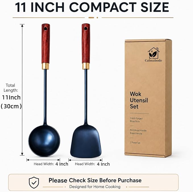 Calmabode 11” Hand-Forged Blued Iron Wok Spatula and Ladle Set | Hand-forged blued iron utensils with heat-resistant wood handles, ideal for wok cooking, stir-fry, sautéing and serving