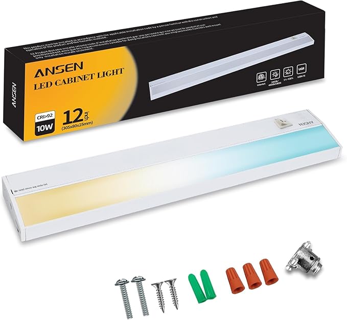 Ansen Hardwired Under Cabinet Lighting, 12in 10W LED Light for Kitchen/Closet, 666.7lm, CRI>92, R9>90, Dimmable, 5 Color Temperature, 2700K-5000K(Warm White, Cool White, Daylight)