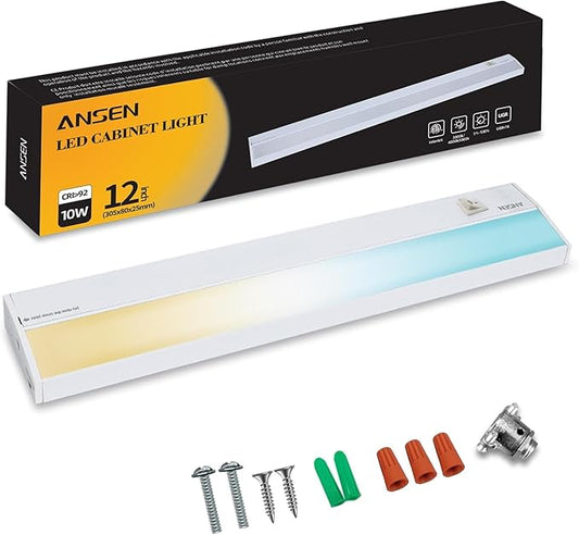 Ansen Hardwired Under Cabinet Lighting, 12in 10W LED Light for Kitchen/Closet, 666.7lm, CRI>92, R9>90, Dimmable, 5 Color Temperature, 2700K-5000K(Warm White, Cool White, Daylight)