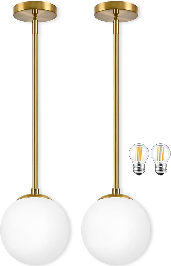 Bagood 6" Globe Pendant Light Gold 2 Pack Mid Century Pendant Light Globe Pendant Lights Kitchen Island Brushed Brass Finished with Milk Glass Adjustable Ceiling Light Fixtures for Dining Room Bar