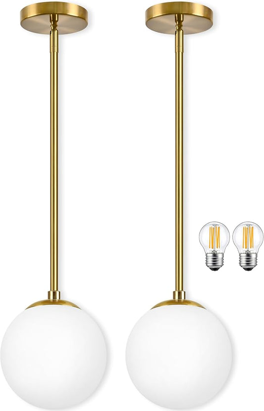 Bagood 6" Globe Pendant Light Gold 2 Pack Mid Century Pendant Light Globe Pendant Lights Kitchen Island Brushed Brass Finished with Milk Glass Adjustable Ceiling Light Fixtures for Dining Room Bar