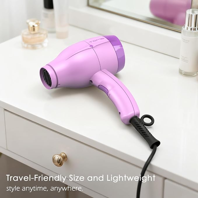 TOME Hair Dryer with Diffuser, 1875W Ionic Blow Dryer with Comb Attachment and Concentrator for Home Use, Fast Drying with Cool Shot and 2 Heat & 2 Speed Settings, 125V, Purple