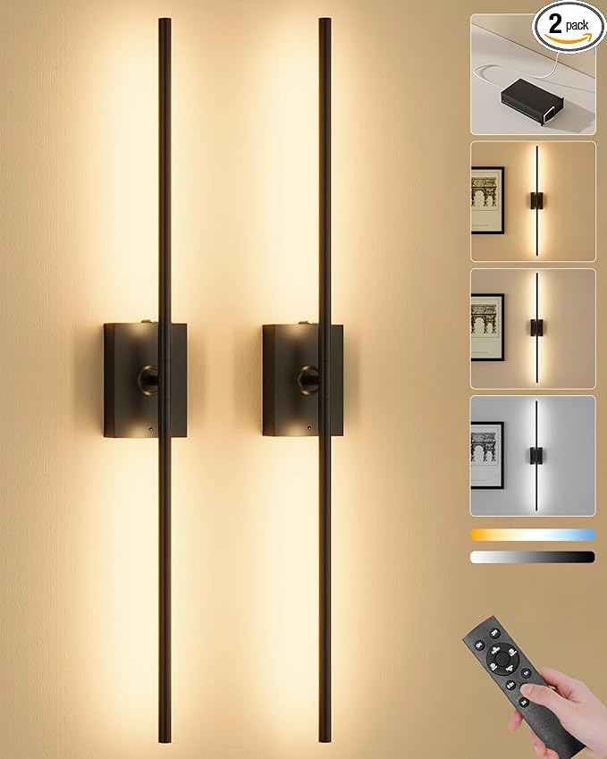 Ouyulong Battery Operated Wall Sconces Set of 2, 10000mAh Wireless Rechargeable 3000-6000K Dimmable 350° Rotate Wall Light with Remote for Living Room, Bedroom 31.6in Black
