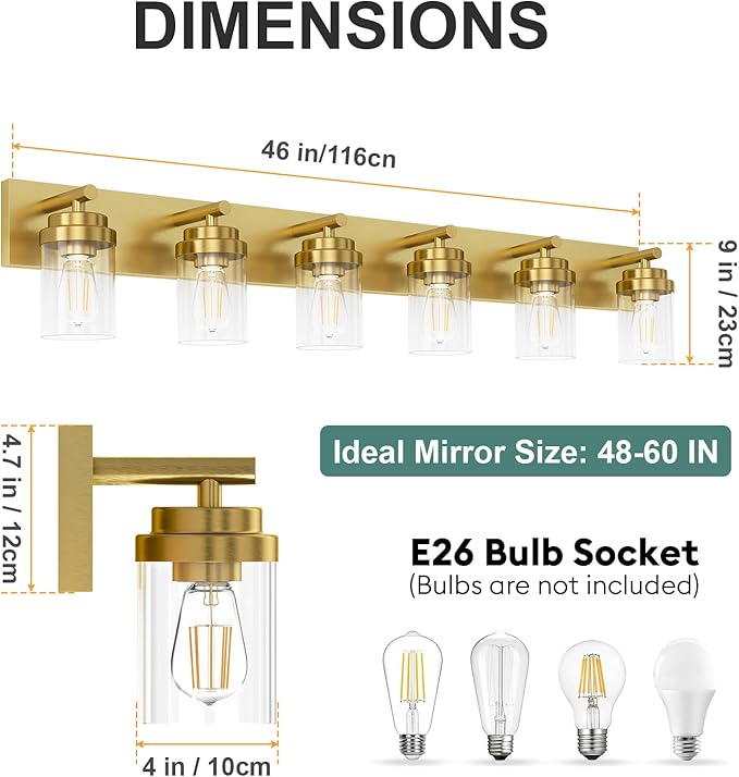 IZORRO Bathroom Vanity Light Fixture, 6-Light 46 Inch Gold Bathroom Light Fixtures Over Mirror, with Clear Glass Shade, Modern Farmhouse Vanity Lights, Rustic Restroom Lighting Fixtures