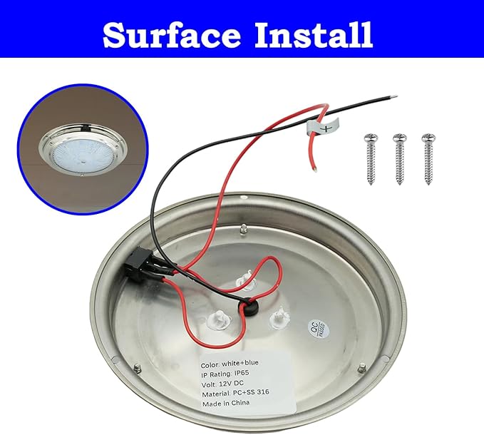 Marine Boat Dome Light, Dual Color 5.5" 12V LED Interior Cabin Lights with Toggle Switch, Stainless Steel Surface Mount (White|Blue)