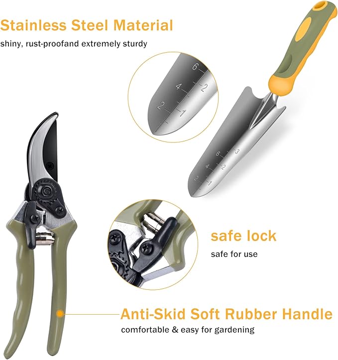 Garden Tool Set, WisaKey 9 Piece Stainless Steel Heavy Duty Gardening Hand Tools with Handle, Durable Garden Tool Bag, Gardening Gifts for Women and Men for Woman Mothers