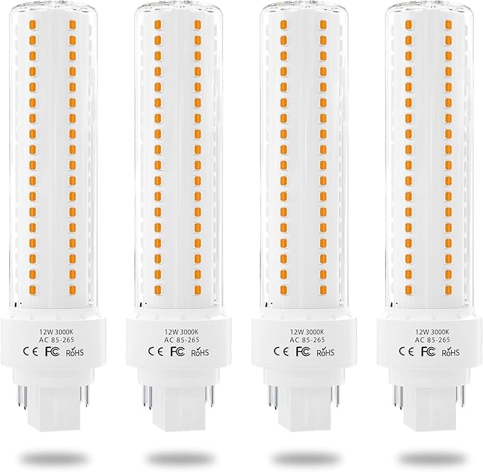 Lustaled Gx24 4-Pin Base LED Bulb, 12W G24q PL-C Horizontal Recessed Light 26W CFL Lamp Equivalent for Kitchen Light Pendant Lamp Dining Room, Warm White 3000K, 4-Pack (Remove/Bypass The Ballast)