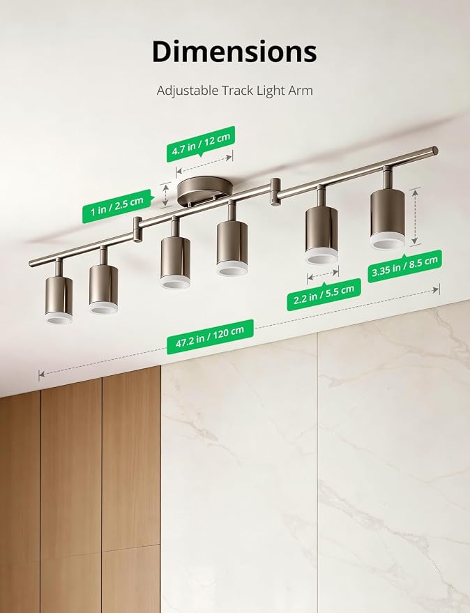 Bojim Track Lighting Fixtures Ceiling Mount for Kitchen, Nickel 6 Way LED Spot Lights Indoor, Flexible Modern Track Light GU10 Socket for Dining Room, Bulbs Not Included