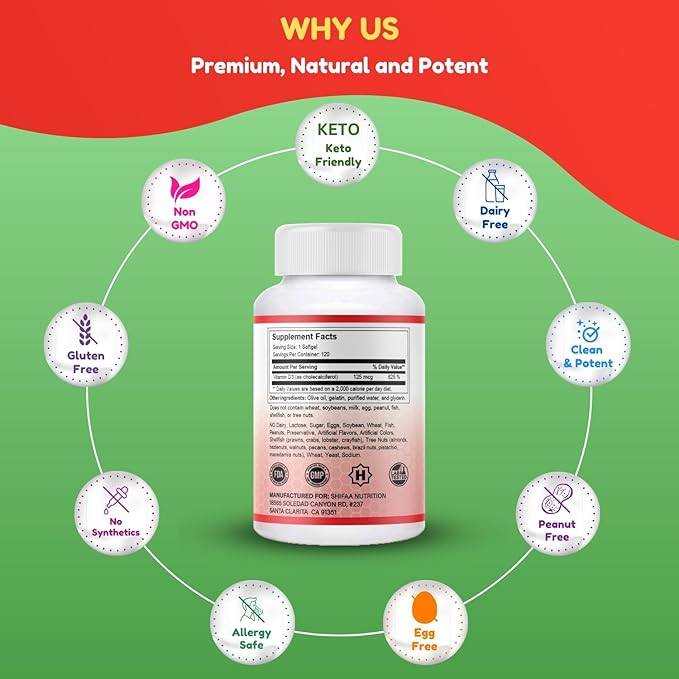 SHIFAA NUTRITION ハラルビタミンD、ハラルビタミンD3、5000 IU ソフトジェル、120回分。非遺伝子組み換え、グルテンフリー、サポート：構造、骨、歯、心臓、筋肉、免疫機能