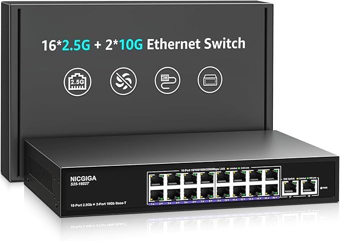 10Gbe Ethernet Switch Unmanaged with 2 x 10Gb RJ45 Ports + 16 x 2.5Gb Base-T Ports, Desktop/19-inch Rack Mount, NICGIGA 18 Port 10Gbps Network Switch for Wireless AP, NAS, PC