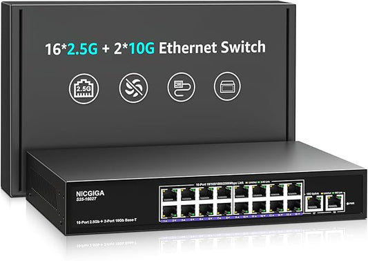 10Gbe Ethernet Switch Unmanaged with 2 x 10Gb RJ45 Ports + 16 x 2.5Gb Base-T Ports, Desktop/19-inch Rack Mount, NICGIGA 18 Port 10Gbps Network Switch for Wireless AP, NAS, PC