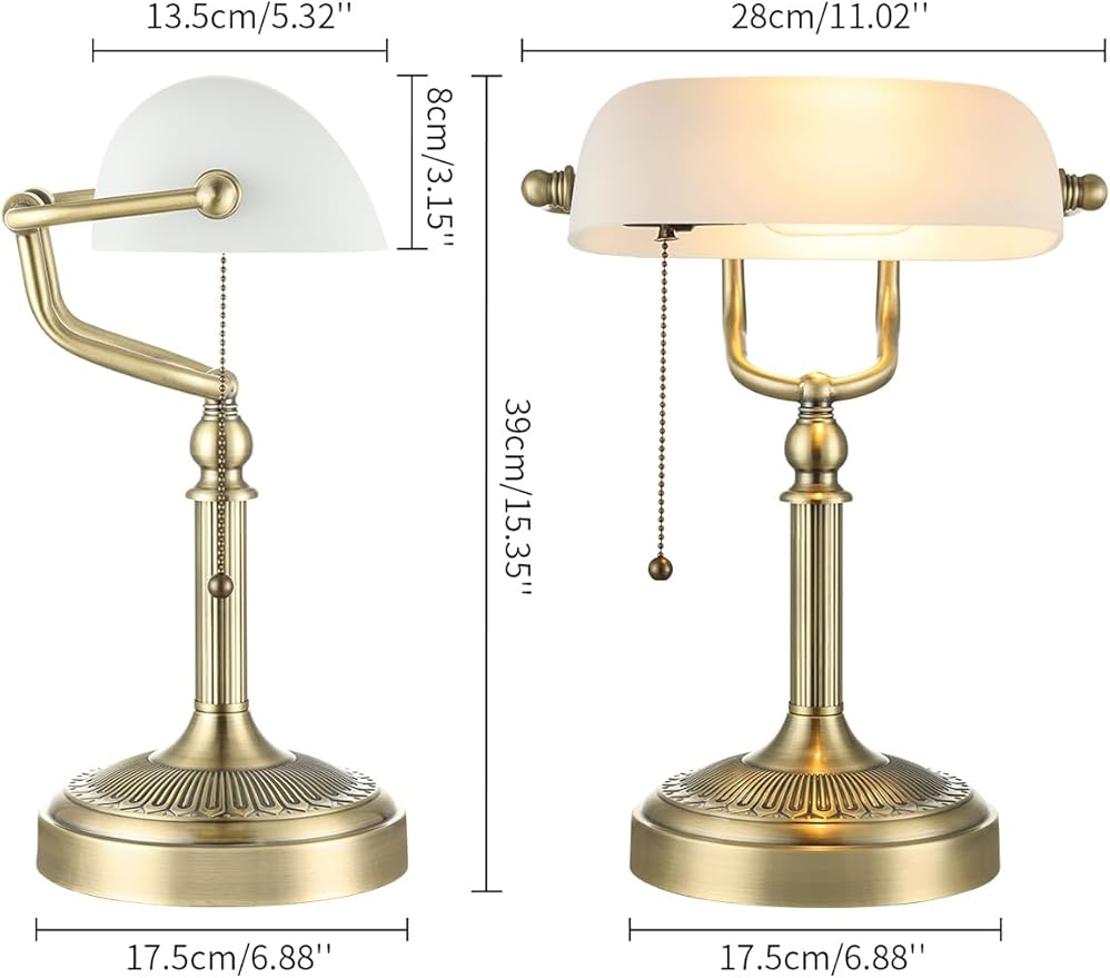 Glass Bankers Desk Lamp with Pull Chain Switch Plug in Fixture (Matted White +Green Bronze Base, Classic)