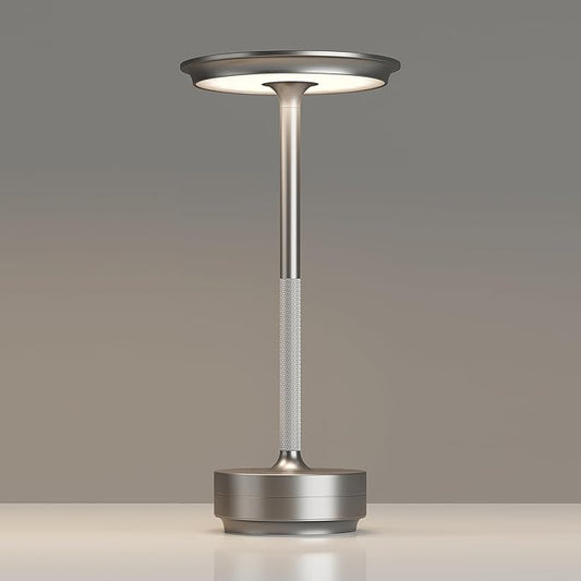 TBBGA 1 Pack Rechargeable Cordless Table Lamps, Portable 5000mAh Battery Table Light, 3 Color Stepless Dimming LED Table Light with Memory Function, for Outdoor/Dinner/Patio/Restaurant.(Silver)