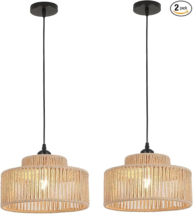2 Pack Rattan Pendant Light,11 Inch Boho Kitchen Island light Fixtures,Handmade Woven Hanging Lamp,Small Wicker Chandelier,Basket Hanging Light for Bedroom Kitchen Living Room Restaurant Hallway Foyer