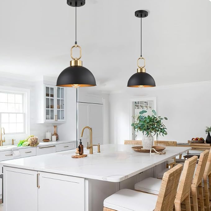 2 Pack Farmhouse Black Pendant Lights Kitchen Island, 10'' Industrial Dome Pendant Light Fixtures, Adjustable Height Modern Hanging Light for Kitchen Dining Room Entryway Bar