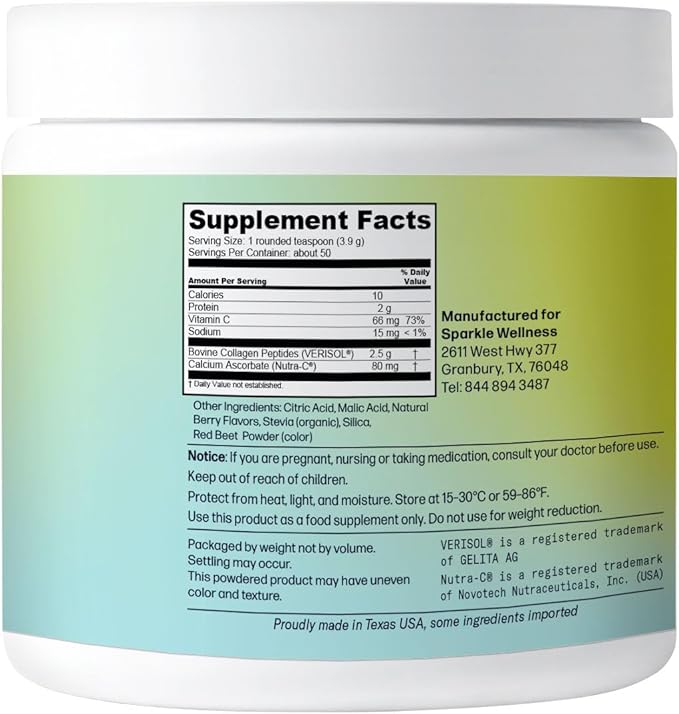 Sparkle Wellness Peptides de Collagène Hydrolysé Bioactifs VERISOL | Complément en Poudre de Collagène avec Vitamine C pour la Santé de la Peau, des Cheveux et des Ongles | Éclat de Peau (Baies Mélangées) [50 Portions]